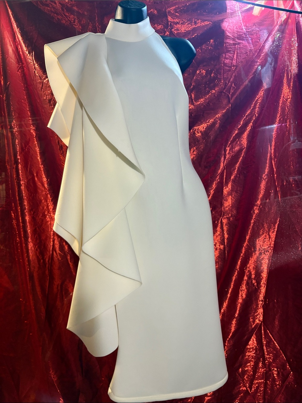 Cream halter scuba dress with side ruffle